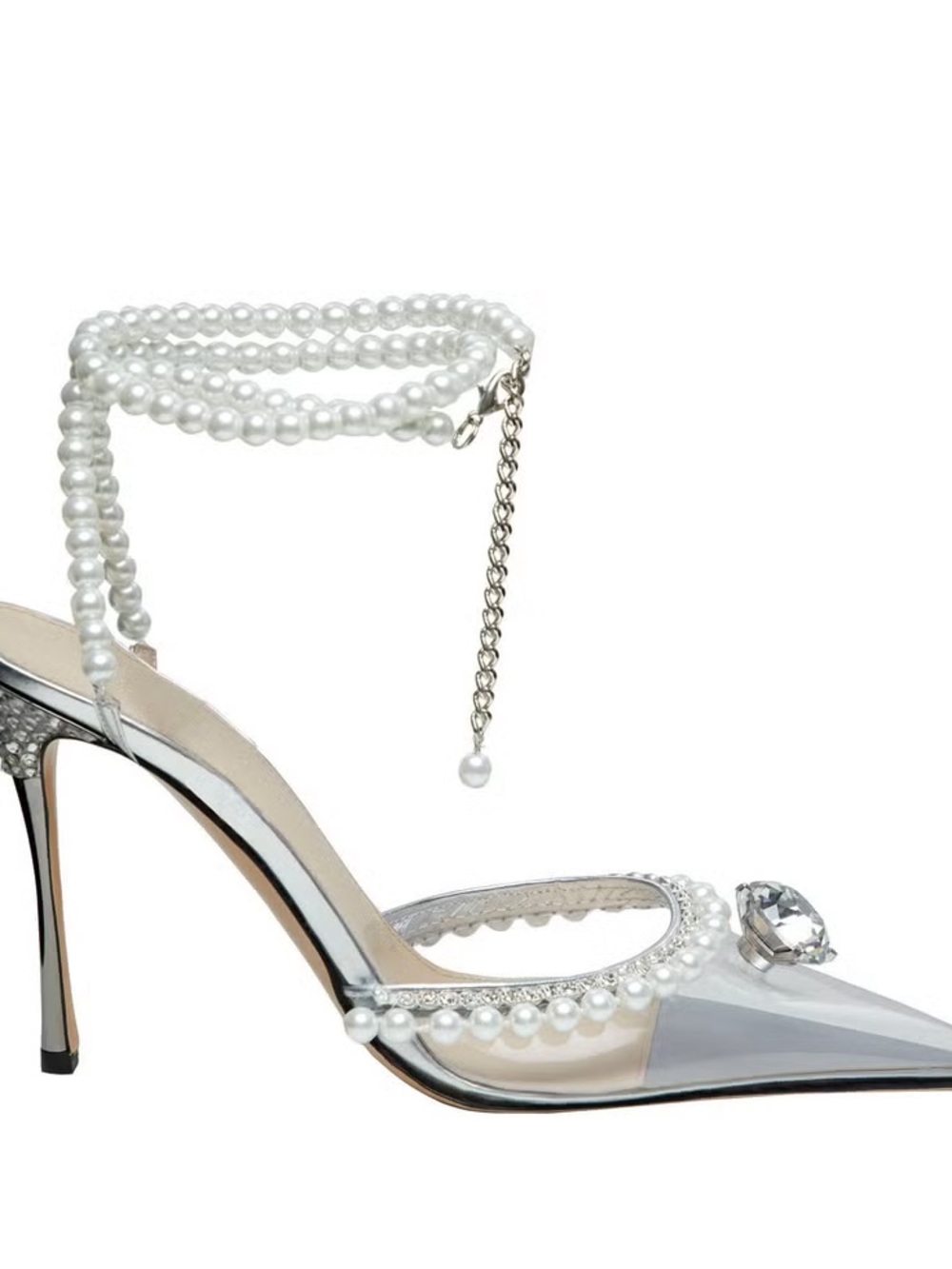 Mach & Mach  Silver Pointed Pearl-Ankle Stiletto Pump